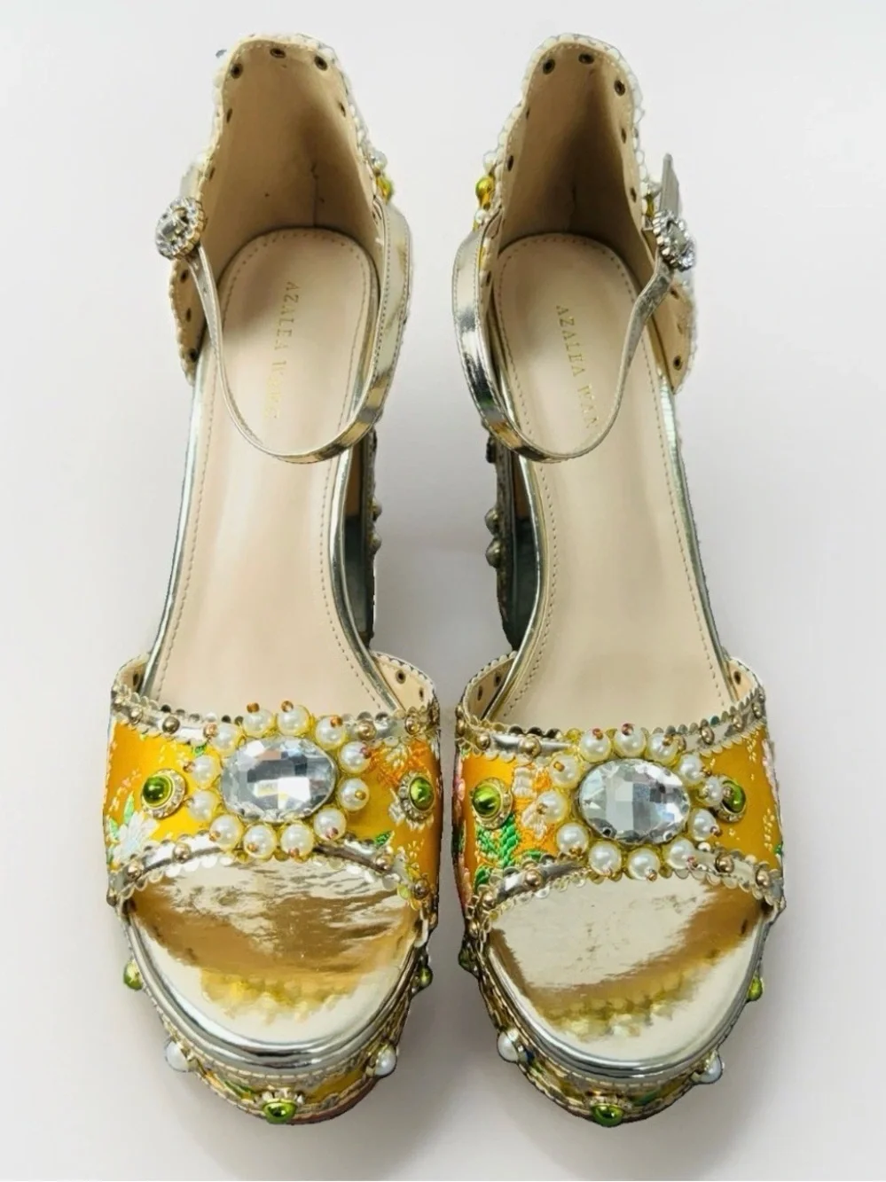 Azalea Wang Cici Yellow Gold Jeweled Baroque Platform Heels